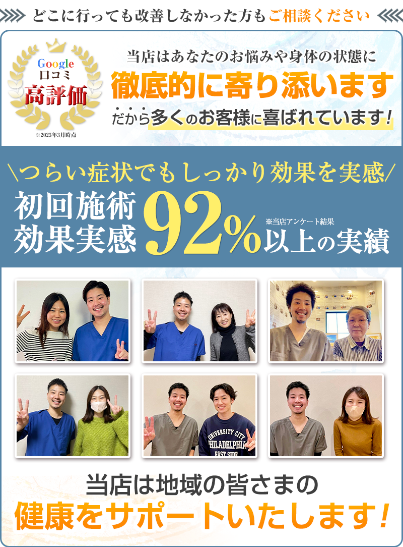 初回施術効果実感率92%以上